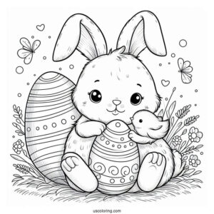 Easter Bunny Coloring Page Holding Easter Egg With Chick Inside