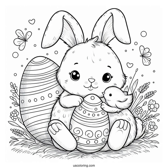 Easter Bunny Coloring Page Holding Easter Egg With Chick Inside