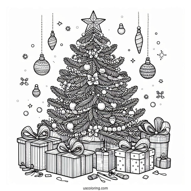 Christmas Tree With Presents And Ornaments To Color