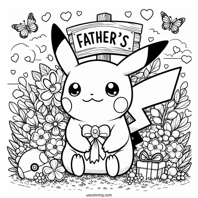 Pikachu Sitting On A Flower Field With A Father's Day Coloring Page Of Sign