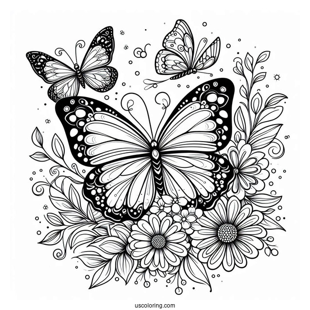 Full Page Butterflies With Flowers Coloring Page