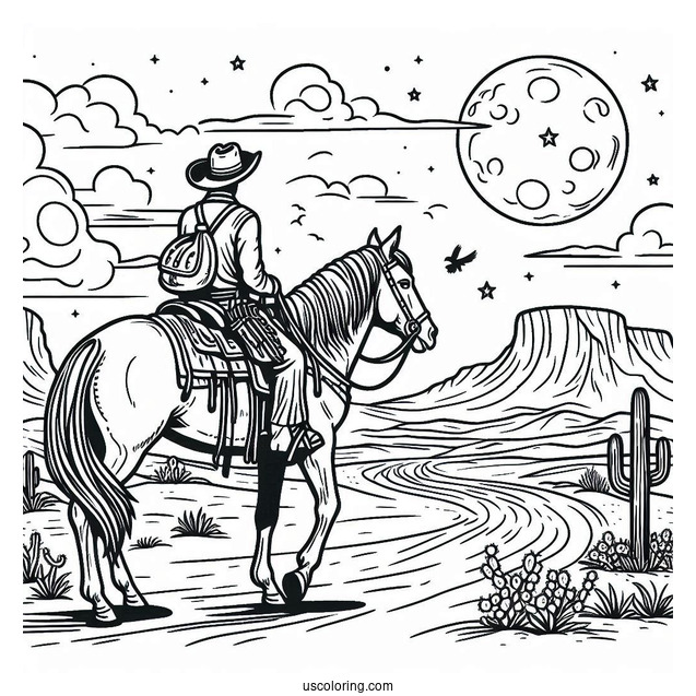 Detailed Cowboy Coloring Page And Horse In Desert