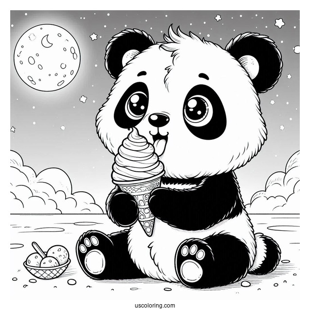 Furry Panda Coloring Page Eating Ice Cream In The Night Sky For Kids
