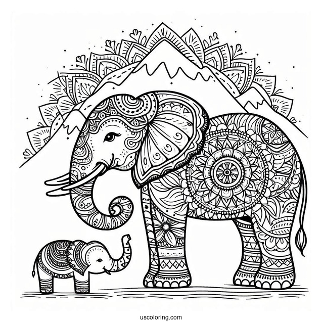 Mandala Elephant Standing Next To Mountain