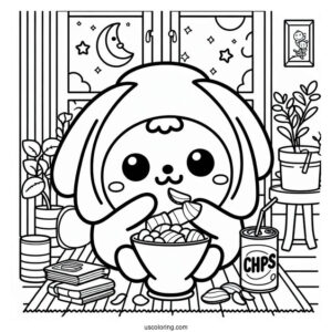 Pompompurin Eating Chips At Home Coloring Sheet