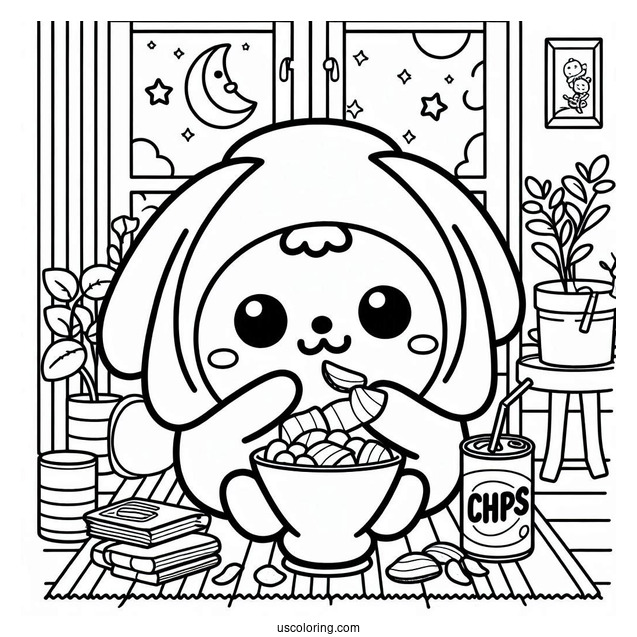 Pompompurin Eating Chips At Home Coloring Sheet