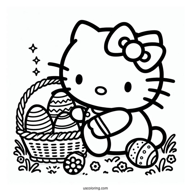 Hello Kitty Collecting Eggs Easter Coloring Page For Kids