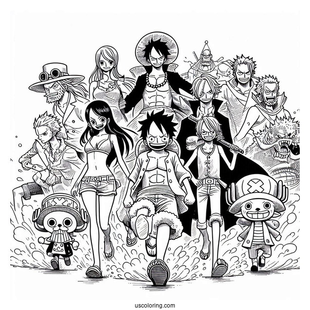 One Piece Coloring Page Of Luffy, Nami, Robin, Sanji, Zoro, Franky, Chopper, Brook, And Usopp