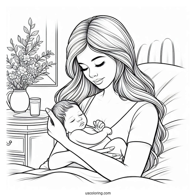 Realistic Woman Holding Newborn Baby Coloring Page