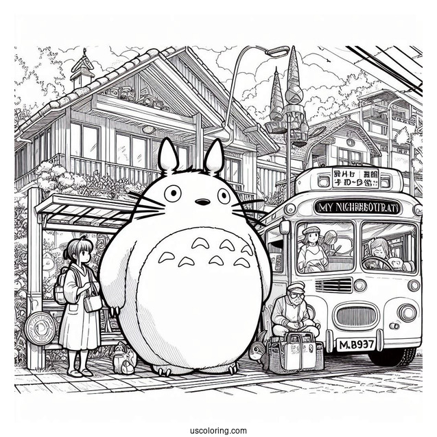 Studio Ghibli Coloring Page of Iconic My Neighbor Totoro At Bus Stop Poster