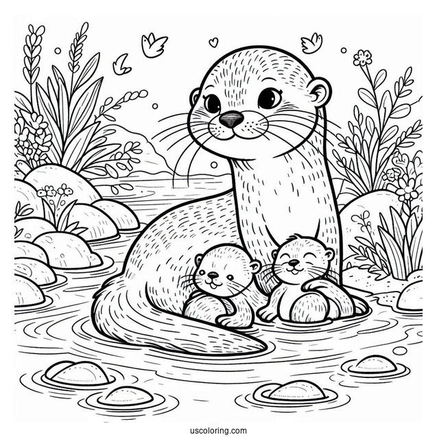 Mama And Papa Otter Coloring Page With Babies Floating On River