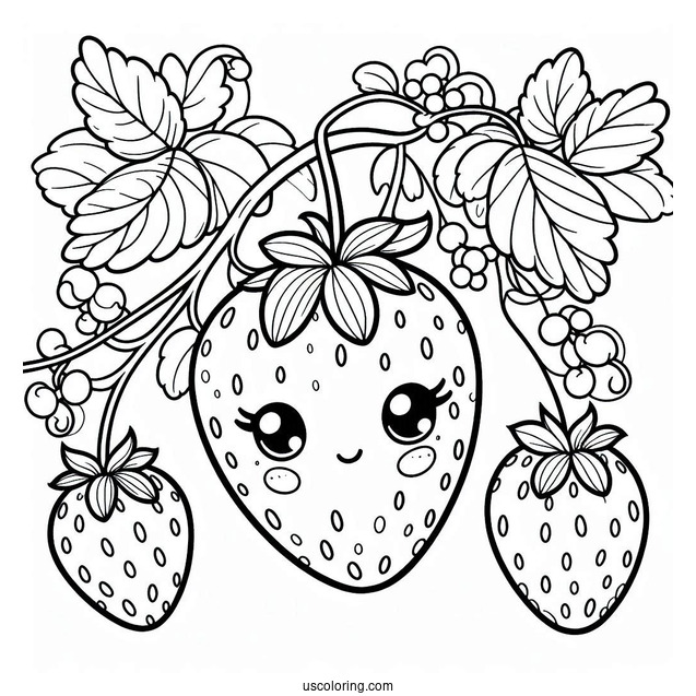 Large Cute Strawberry Coloring Page On A Vine