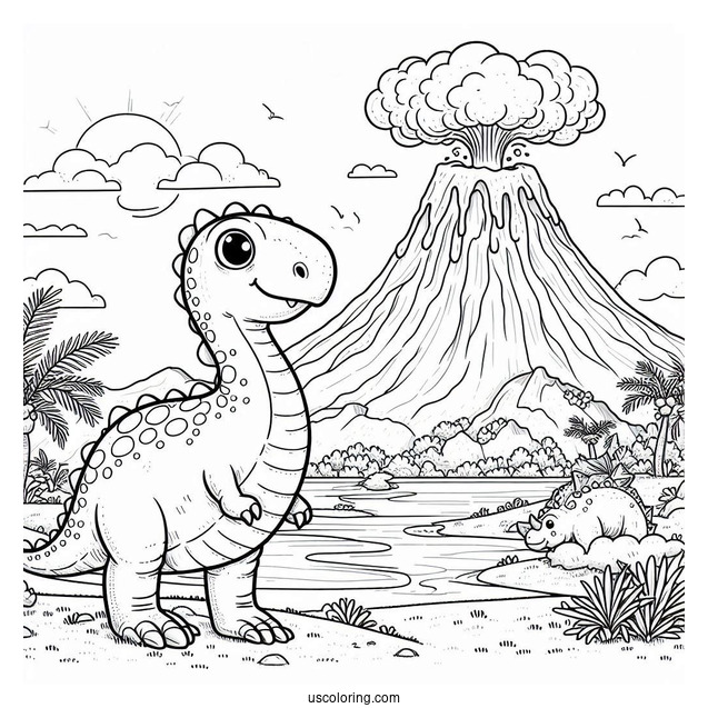 Cute Saltasaurus Dinosaur Coloring Page Of With Volcano In The Background