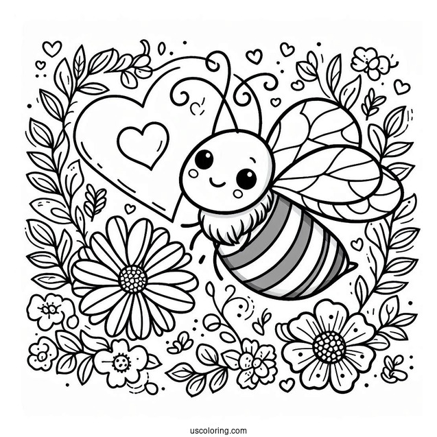 Adorable Bee Coloring Page With Love Heart And Floral Background