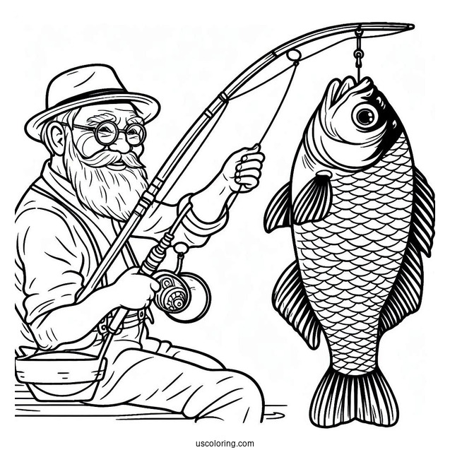 Old Man Holding Large Fish And Fishing Coloring Page Rod For Kids
