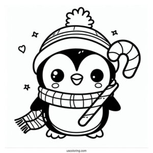 Cute Cartoon Penguin Holding A Candy Cane Coloring Page For Kids