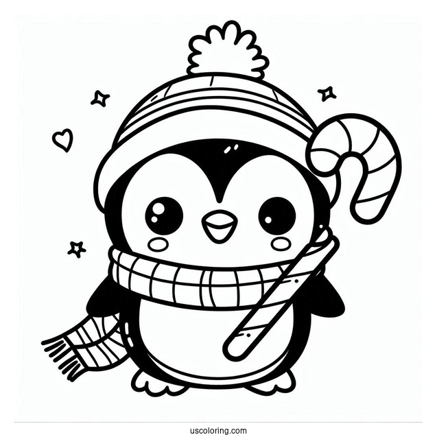 Cute Cartoon Penguin Holding A Candy Cane Coloring Page For Kids