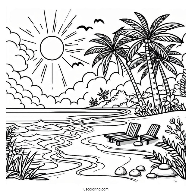 Simple Beach Landscape Coloring Sheet