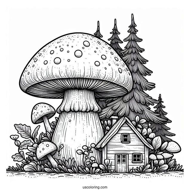 Massive Mushroom Coloring Page Growing Around A Small House