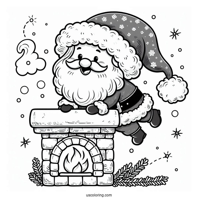 Coloring Page Of a Cute Santa Going Down a Chimney