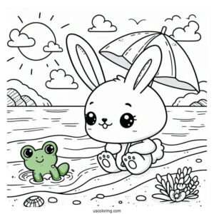 Adorable Rabbit And Frog Swimming At The Beach Coloring Sheet