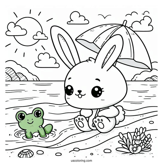 Adorable Rabbit And Frog Swimming At The Beach Coloring Sheet