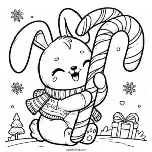 Excited Rabbit Hugging A Candy Cane Coloring Page In Winter For Kids