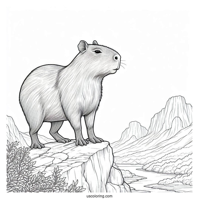 Realistic Capybara Coloring Page Standing On Cliff