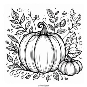 Pumpkin Coloring Page With Vines And Fall Leaves