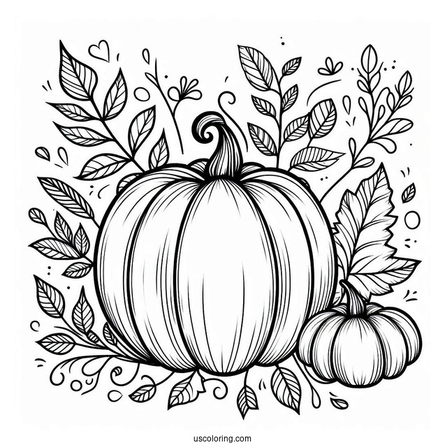 Pumpkin Coloring Page With Vines And Fall Leaves