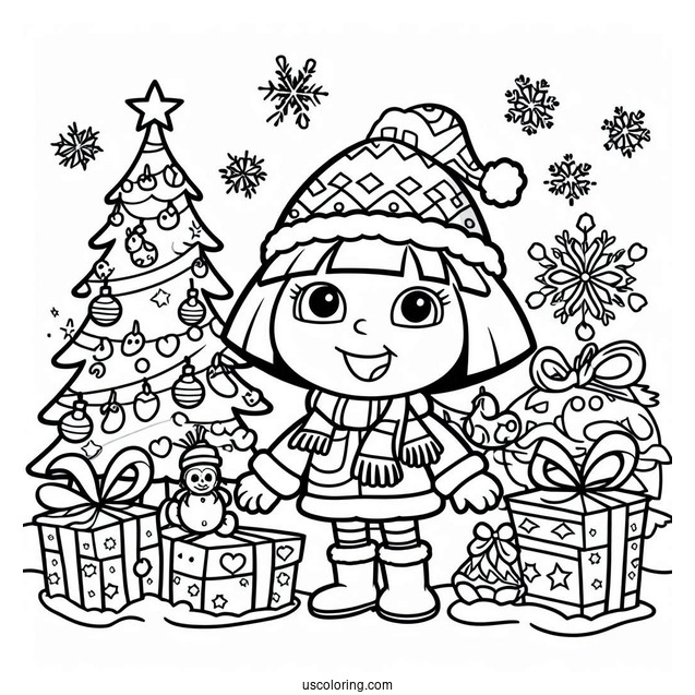 Christmas Themed Dora Coloring Page