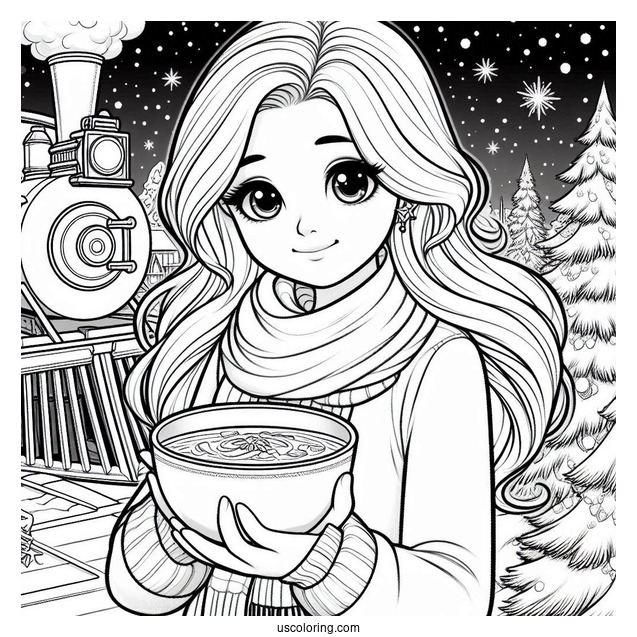 Polar Express Coloring Page Of Pretty Hero Girl Holding A Bowl Of Soup For Kids