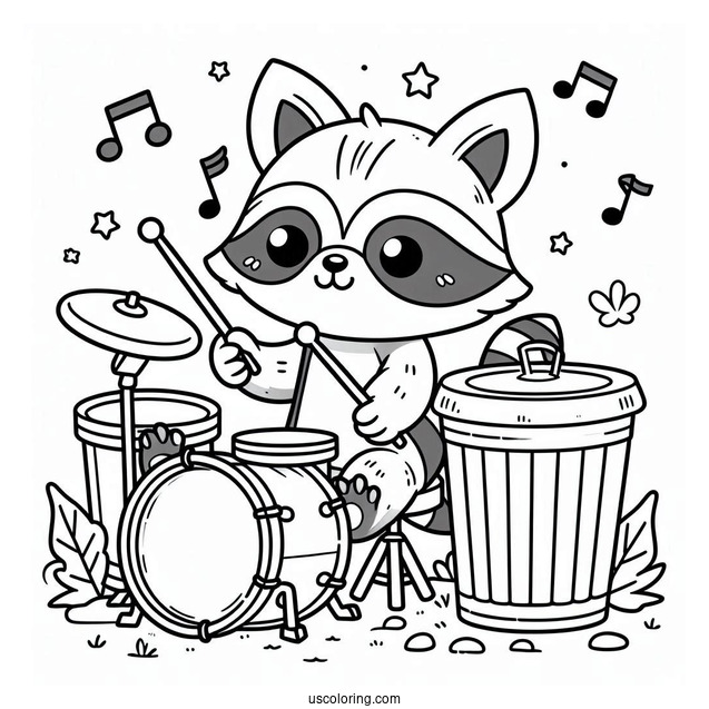 Raccoon Coloring Page Playing Drums With Trash Bins