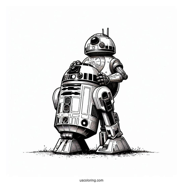 BB8 Standing On Top Of R2-D2 Coloring Page