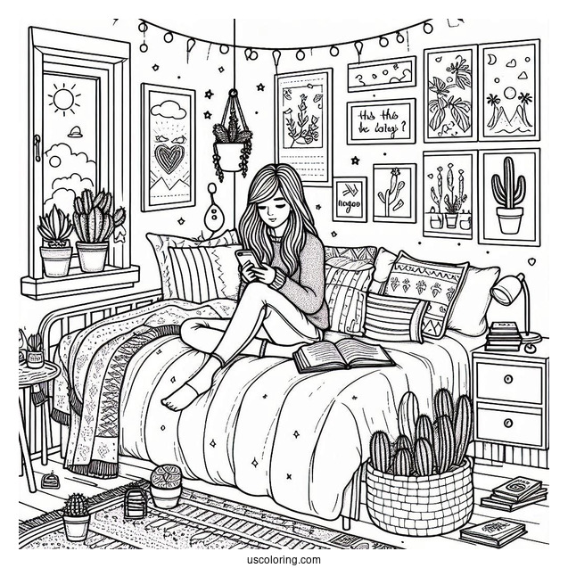 Bedroom Coloring Page Girl Texting On Her Bed Surrounded By Posters And Cactus