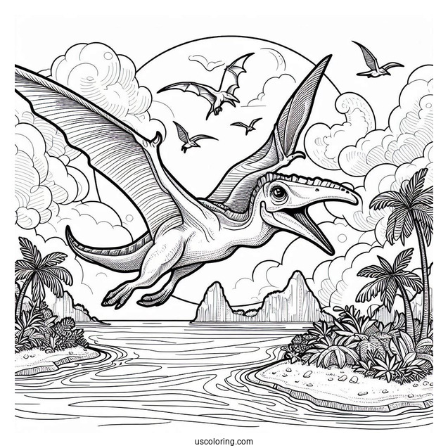 Detailed Pterodactyl Coloring Page Flying Over Island