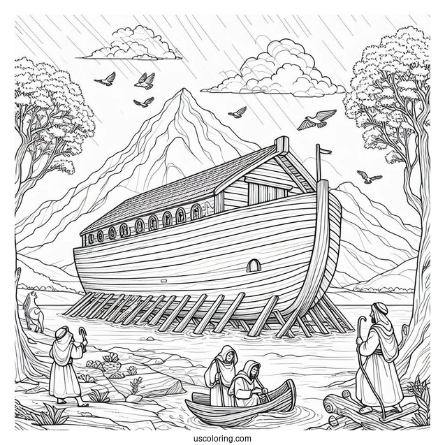 Noah's Ark Coloring Page Of Building The Ark With His Sons