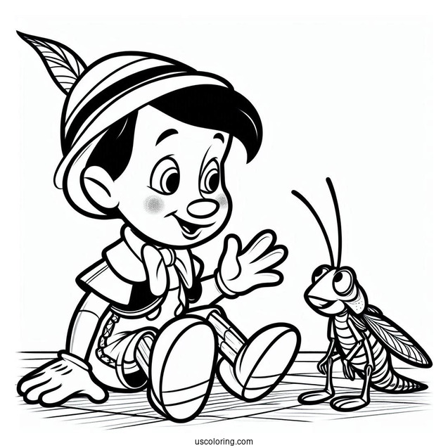 Pinocchio Coloring Page Talking To Jiminy Cricket On The Floor