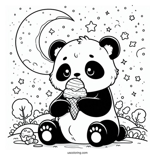 Furry Panda Coloring Page Eating Ice Cream In The Night Sky For Kids