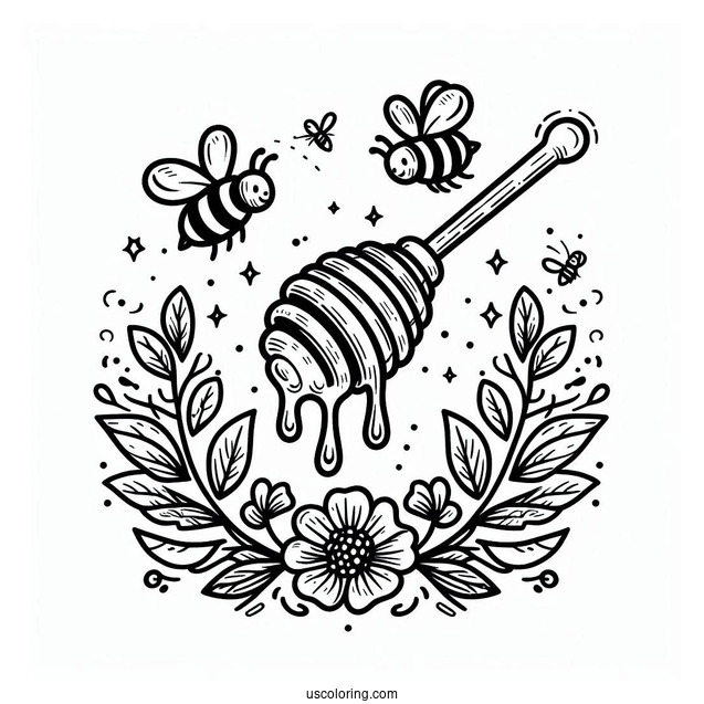 Honey Dipper Dripping With Honey And Surrounded By Bee Coloring Page