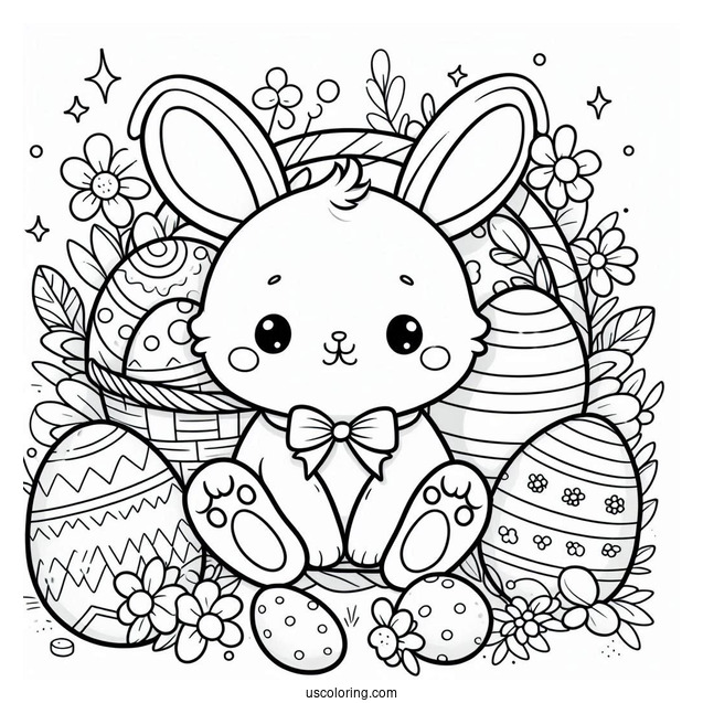 Cute Easter Bunny Coloring Page Surrounded By Eggs
