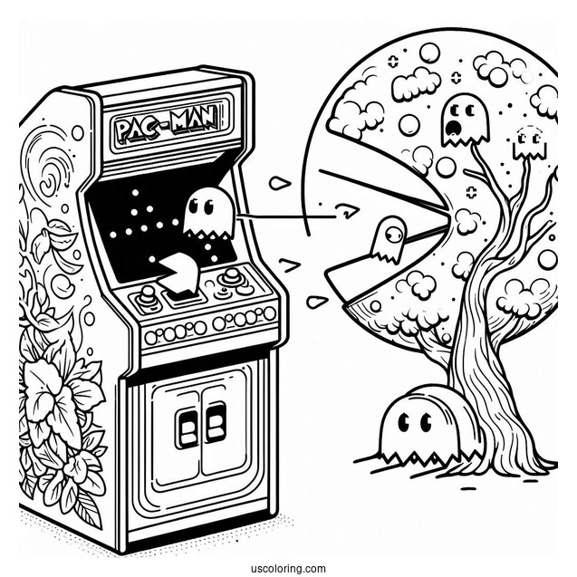 Pac-Man Coloring Page And Ghosts Leaping Out Of Arcade Machine