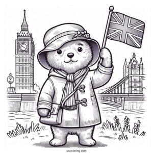Cute Paddington Coloring Page Bear Waving The British Flag In Front Of London Bridge