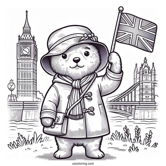 Cute Paddington Coloring Page Bear Waving The British Flag In Front Of London Bridge