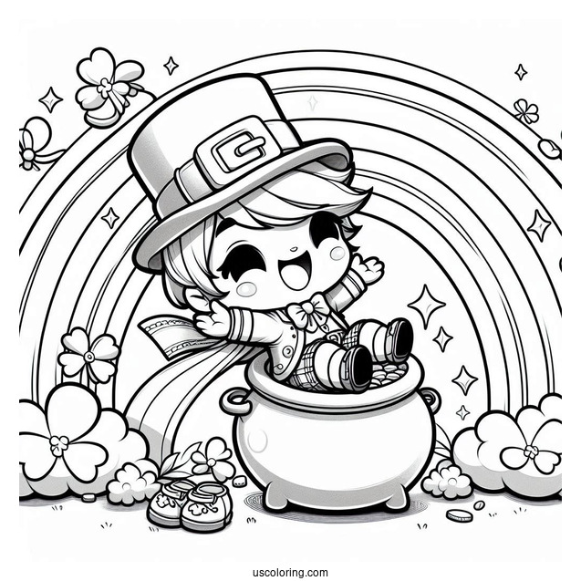 St. Patrick's Day Coloring Page Of Chibi Leprechaun Sliding Down A Rainbow To A Pot Of Gold