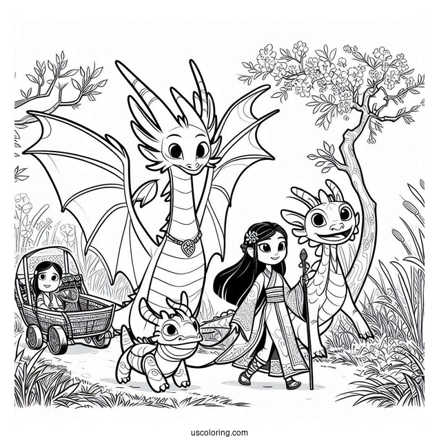 Raya And The Last Dragon Coloring Page Of Raya, Sisu, Tuk Tuk, And Namaari