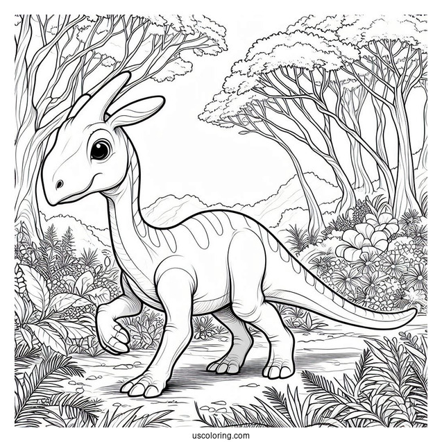 Parasaurolophus Coloring Page Walking In The Forest