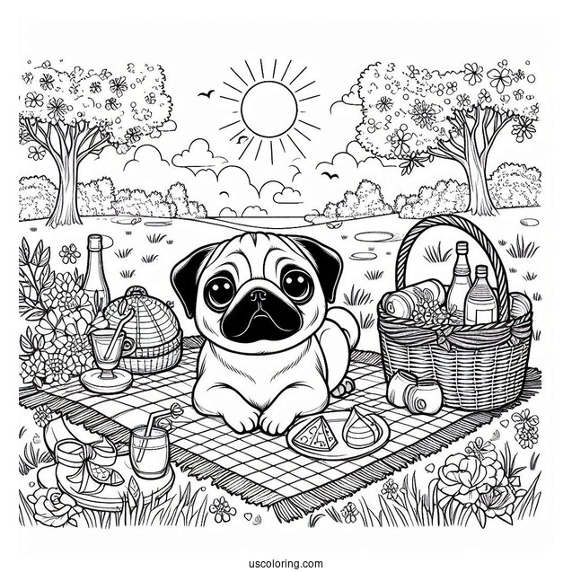 Peaceful Picnic with Pug Coloring Page Of Puppy