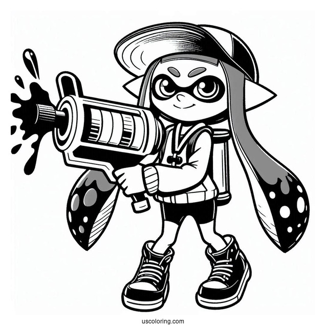 Splatoon Coloring Page Of Blue Inkling Holding Inkjet For Kids