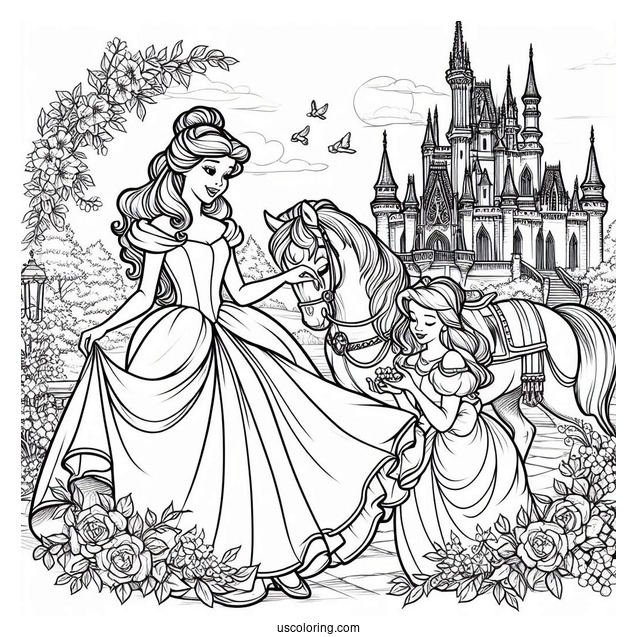 Belle And Cinderella In The Castle Garden Coloring Page
